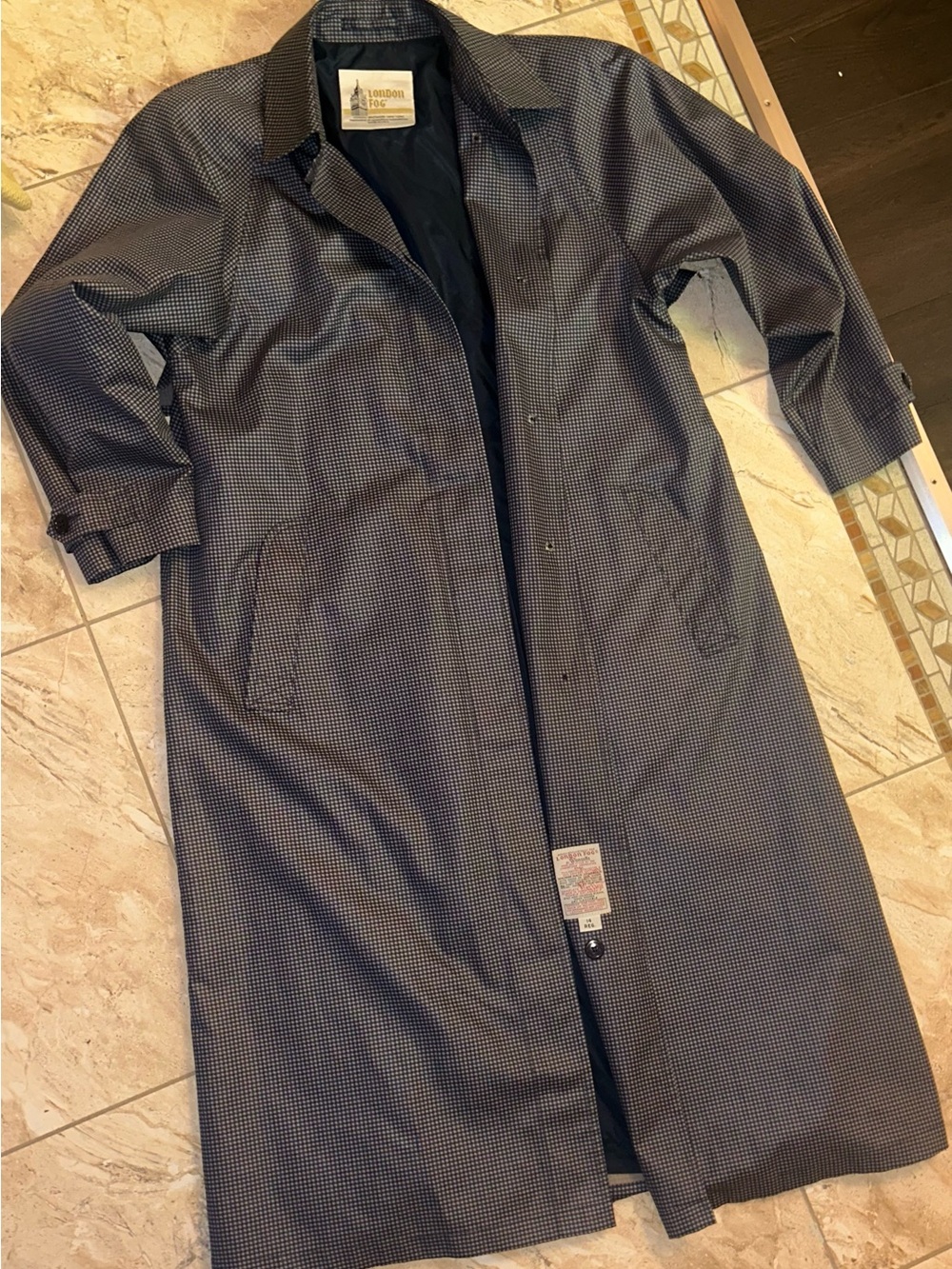 Vintage London Fog Wamsutta Houndstooth Raincoat Trench Coat Grey/Navy Blue 14